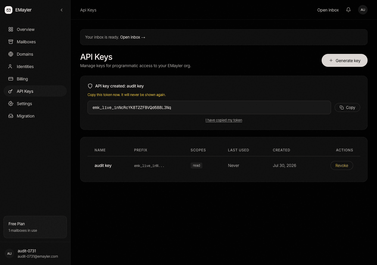 API key creation dialog showing the secret token