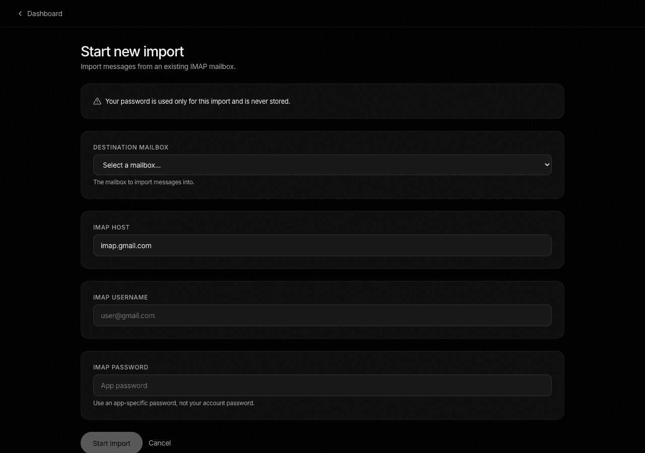 The migration import form with source host, user, and password