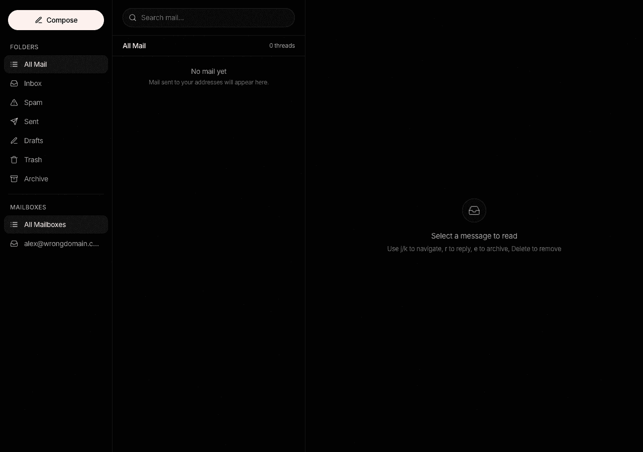 The inbox with no mail, showing the three-pane layout
