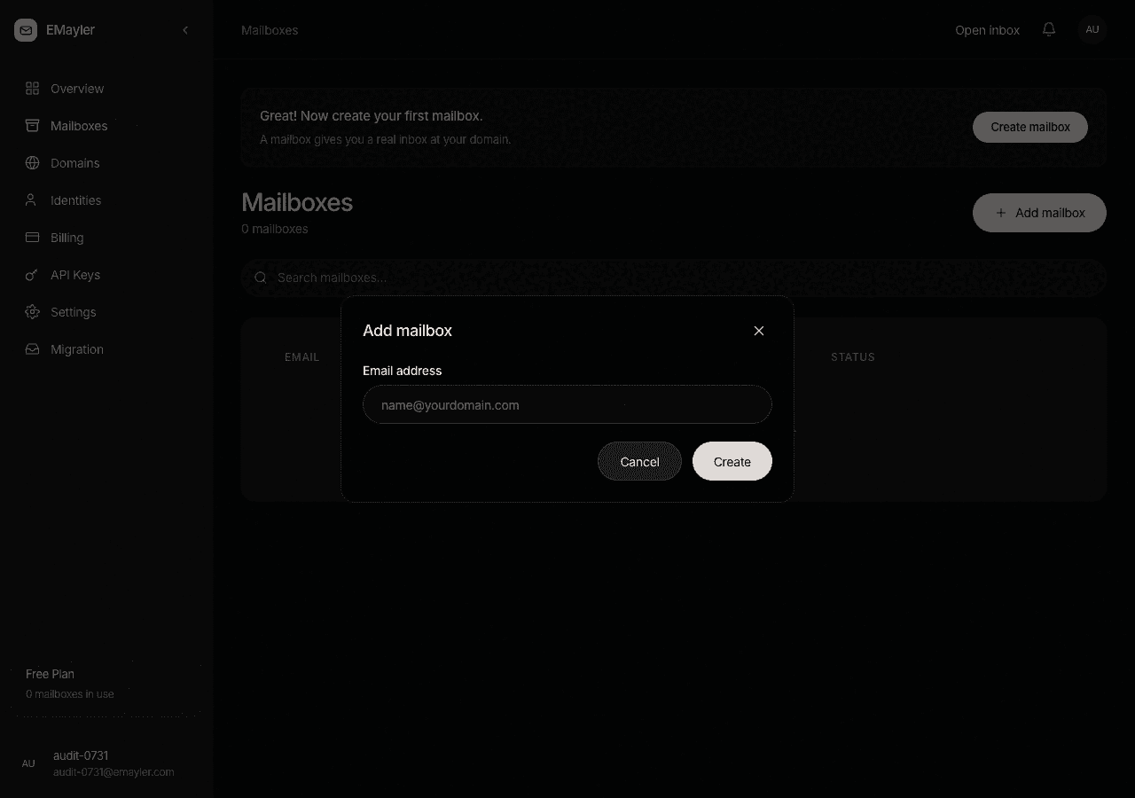 The create mailbox dialog