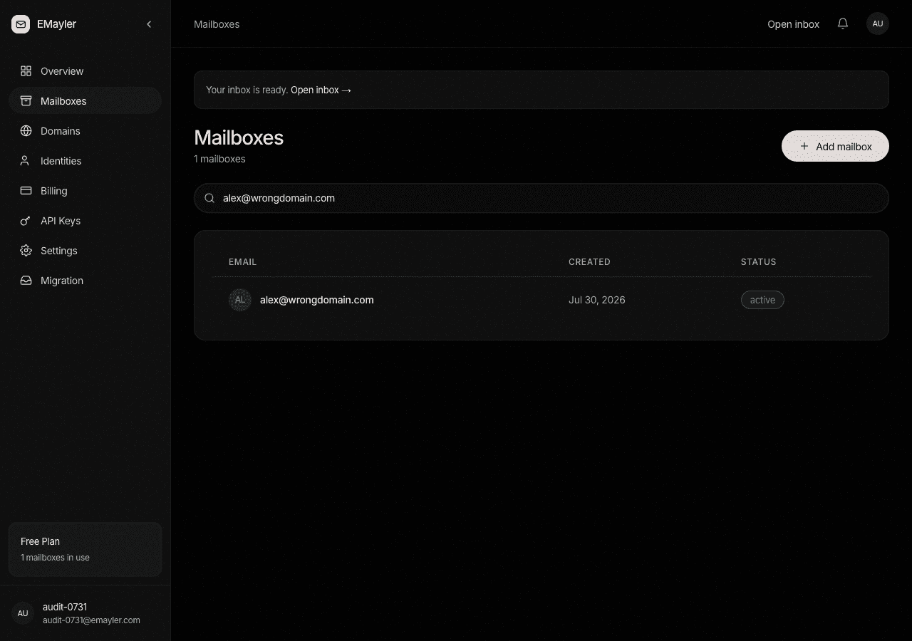 The mailbox list with filters and storage usage